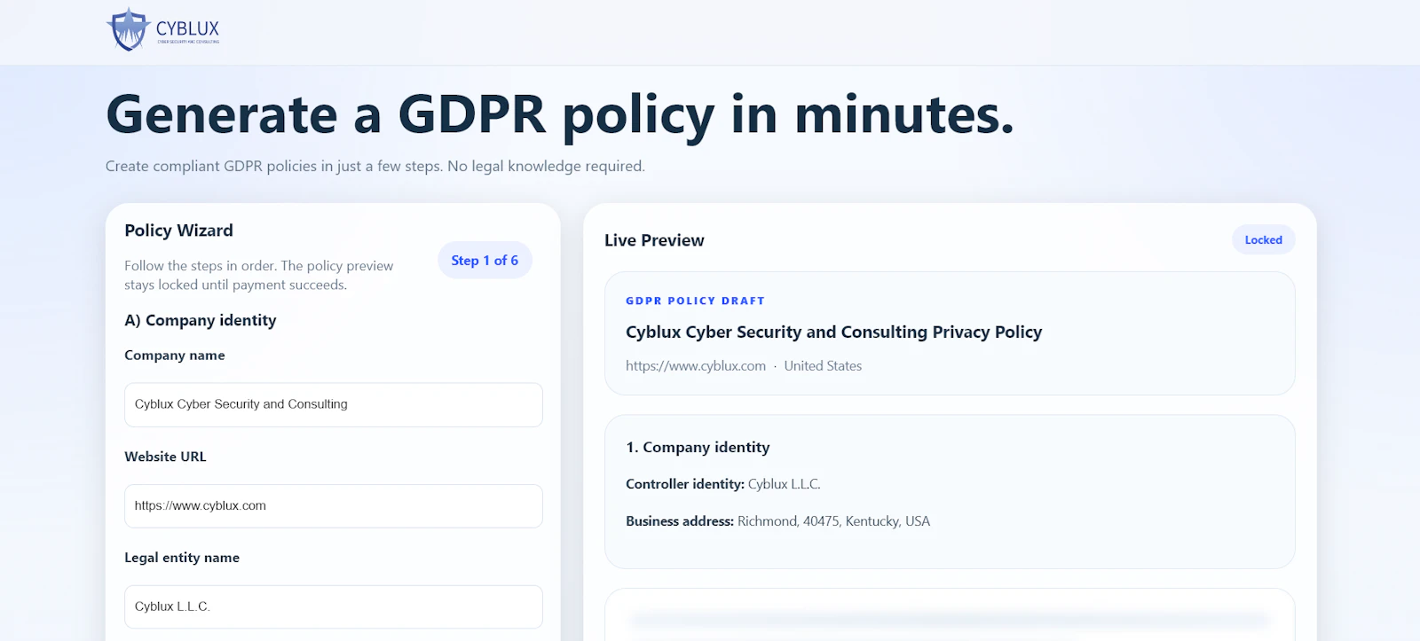 Cyblux GDPR Generator screenshot 2