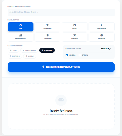 GamerTag Generator - Main product screenshot demonstrating key features and user interface
