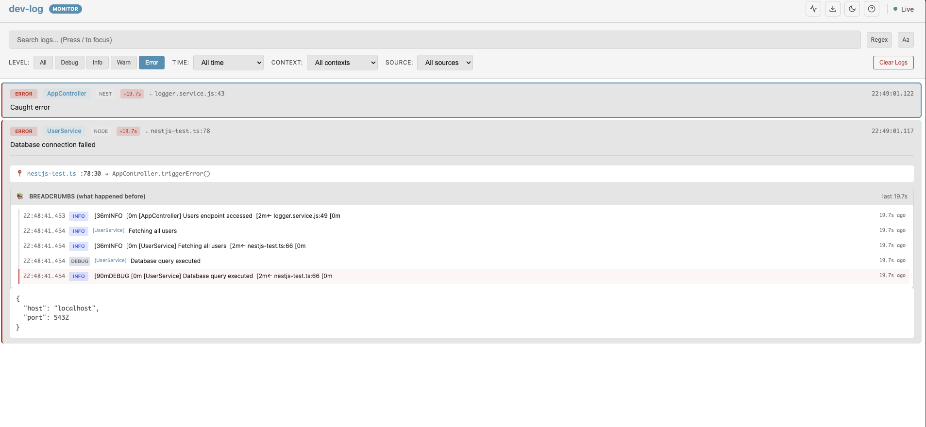 dev-log-monitor - Screenshot 5 showing product features and functionality