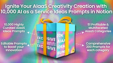 حزمة تحفيزات الأفكار AIaaS (10,000 فكرة) - صورة الغلاف: صورة حيوية تعرض حزمة من الأفكار الإبداعية مع رموز وأيقونات الذكاء الاصطناعي.
