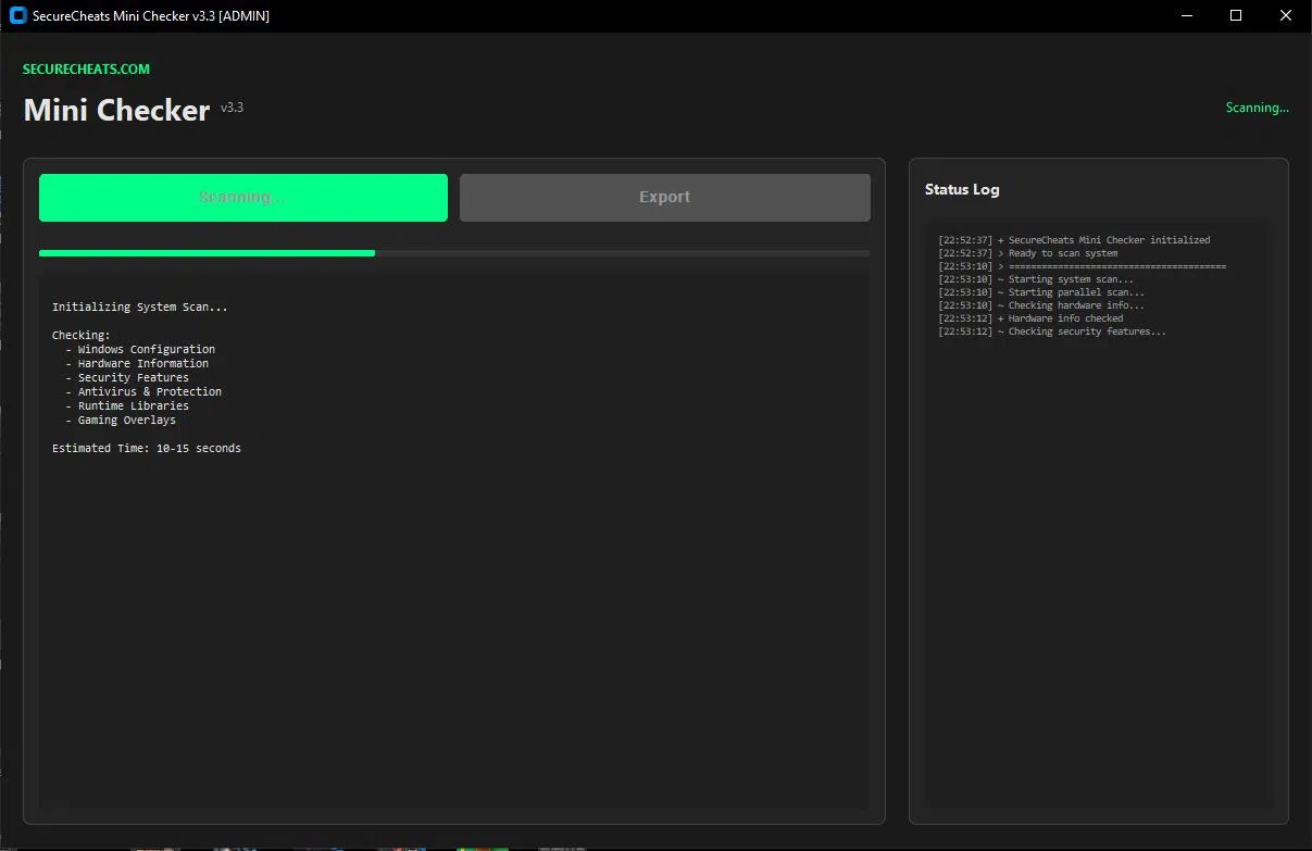 SecureCheats System Checker - Main product screenshot demonstrating key features and user interface