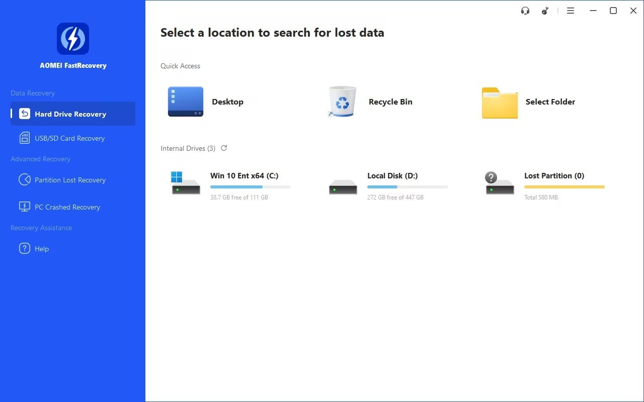 AOMEI FastRecovery - Main product screenshot demonstrating key features and user interface