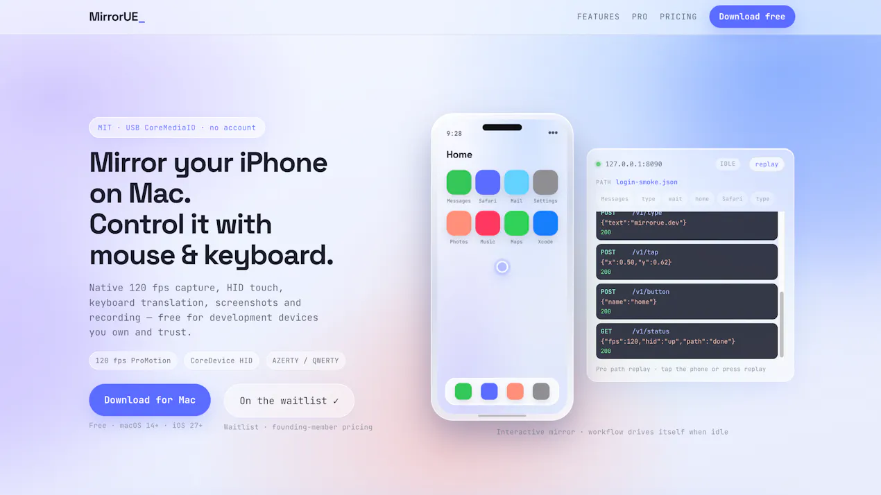 MirrorUE - iPhone mirror on Mac and more product