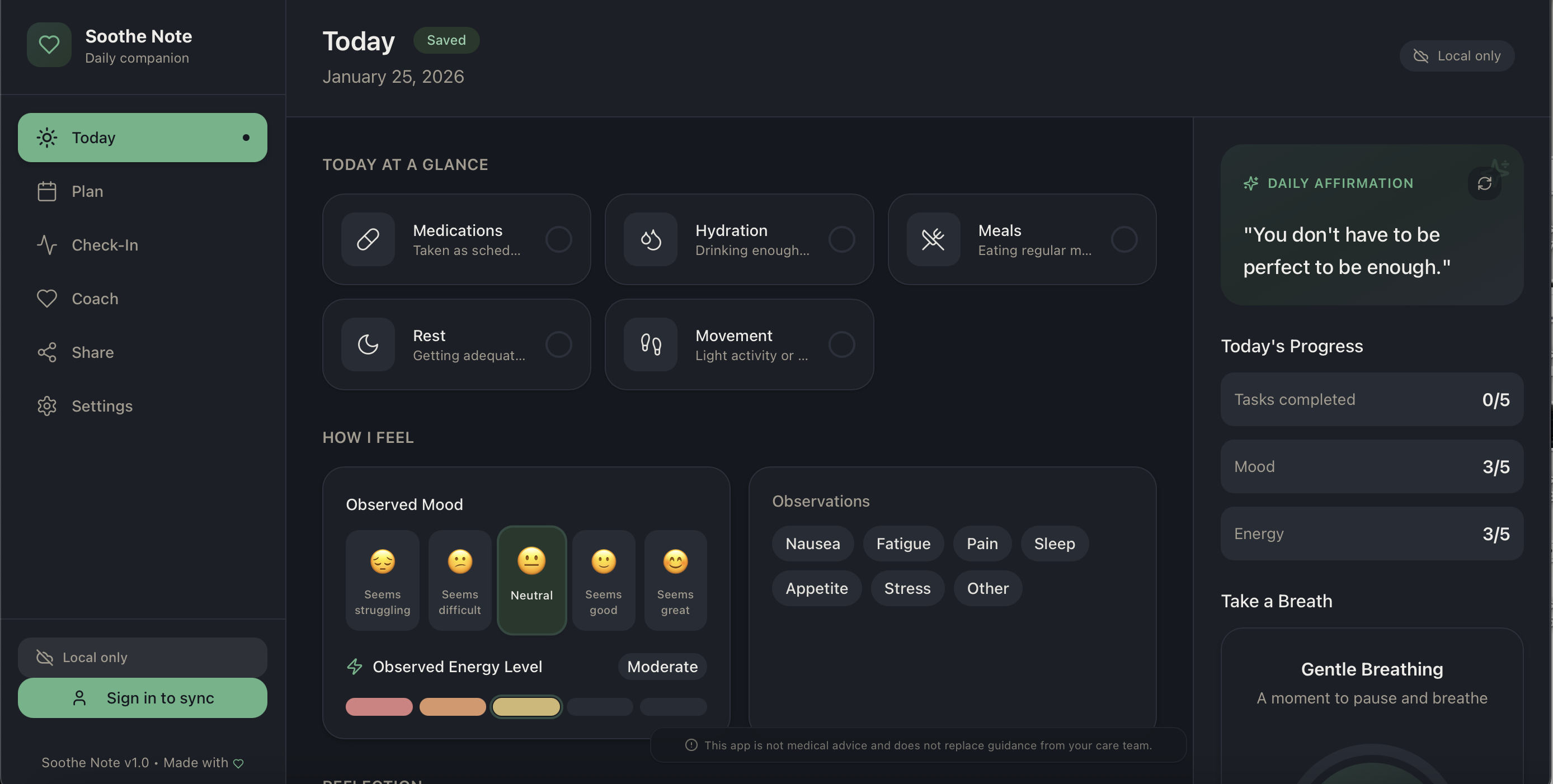 Soothe Note — Cancer Care Companion - Main product screenshot demonstrating key features and user interface