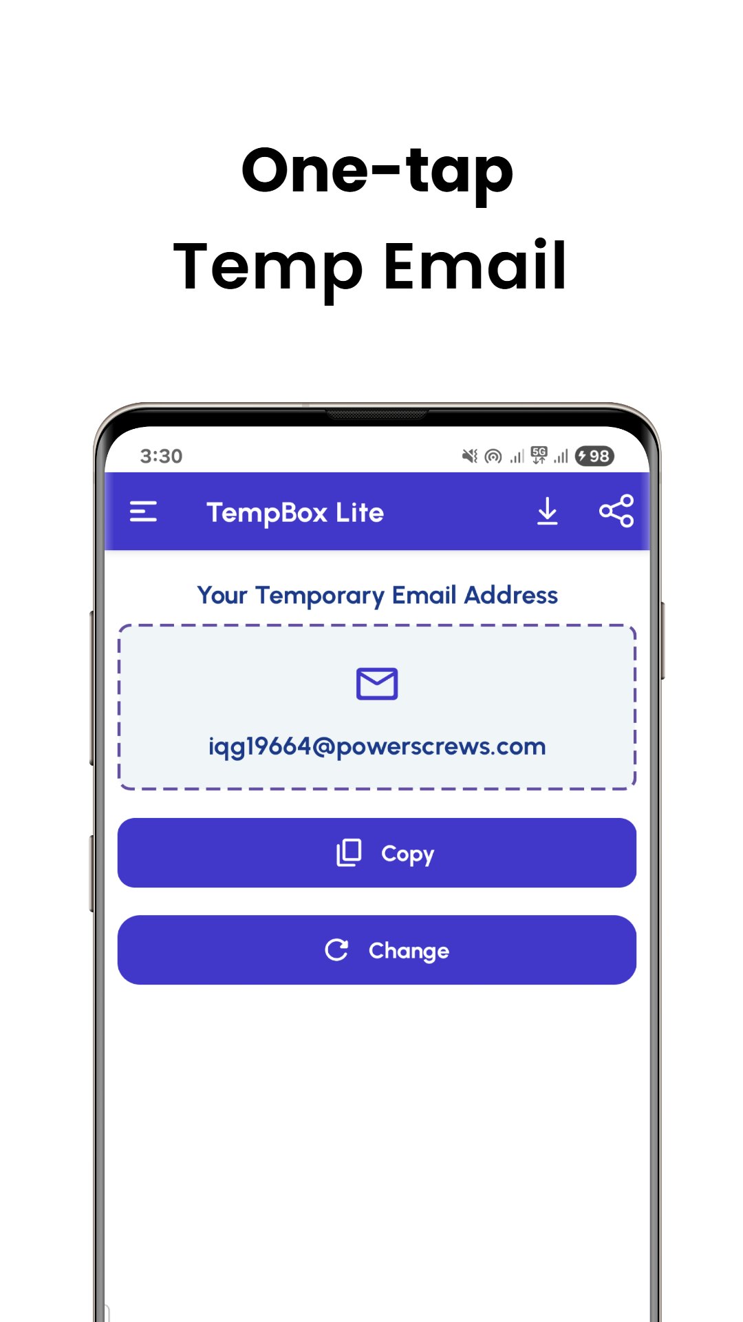 TempBox Lite - Temporary Email - Main screenshot showing features and interface