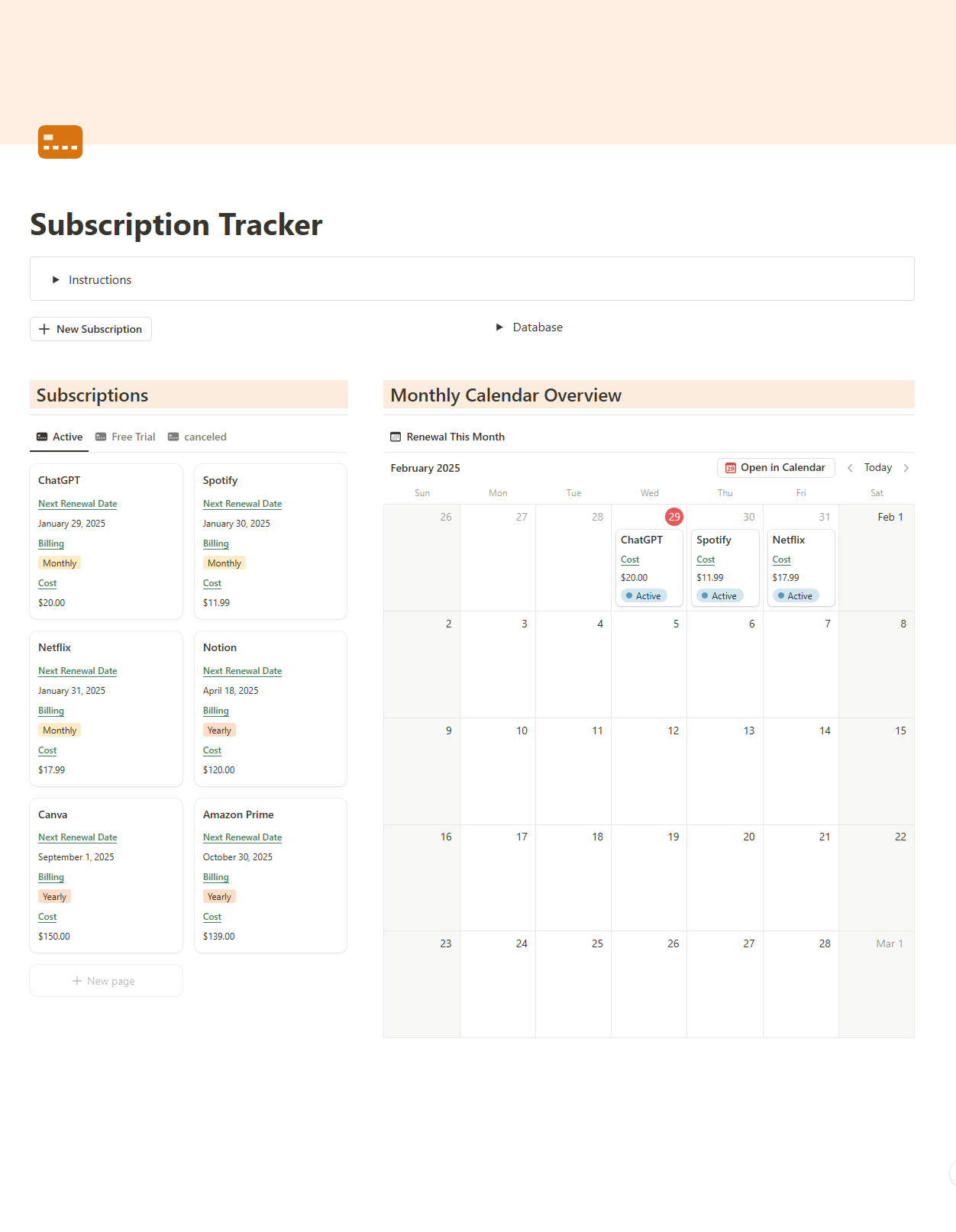 Subscriptions Tracker Notion Template - Never miss a payment with the next renewal date auto-updated media 1