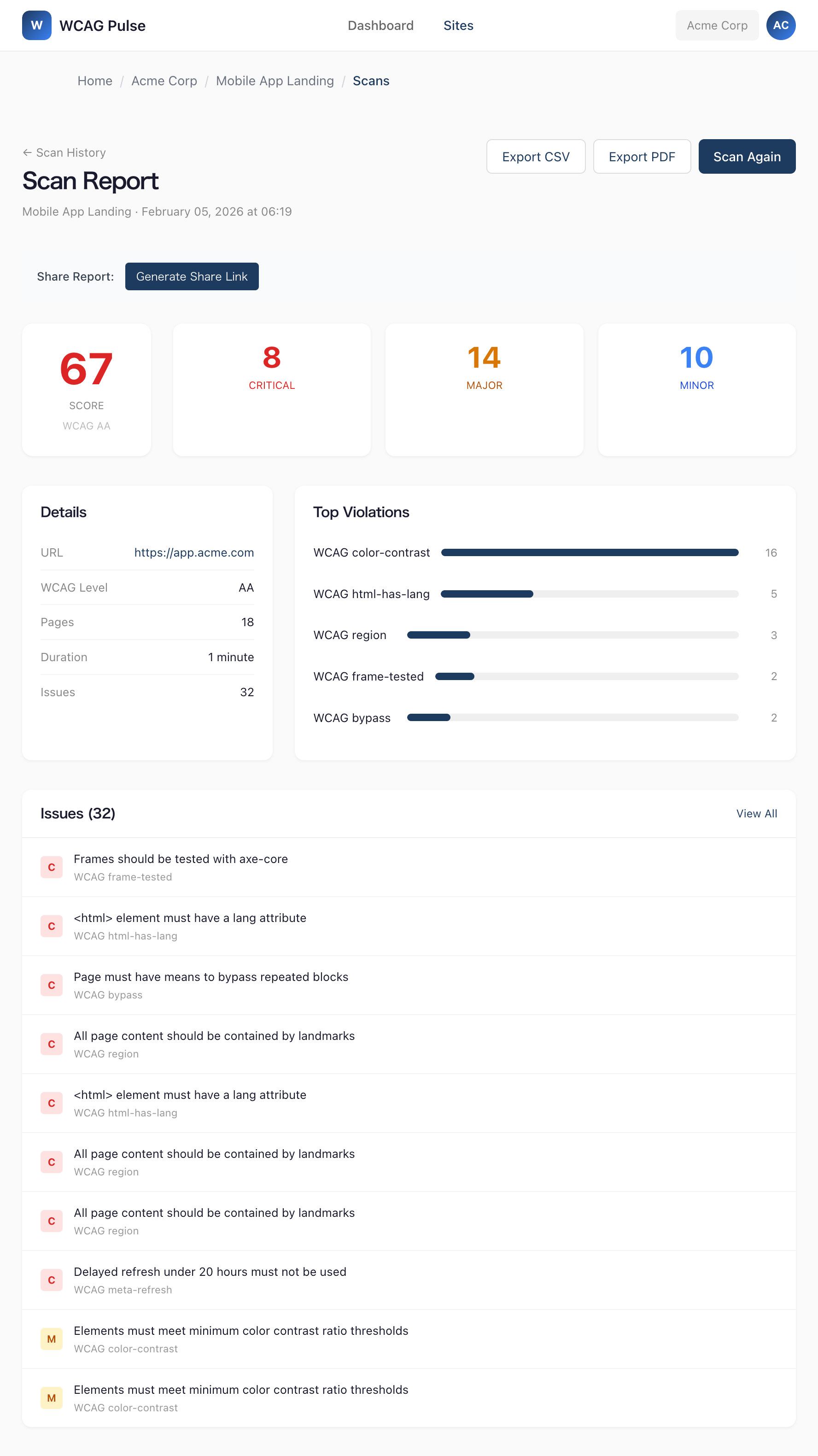 WCAG Pulse - Screenshot 5 showing product features and functionality