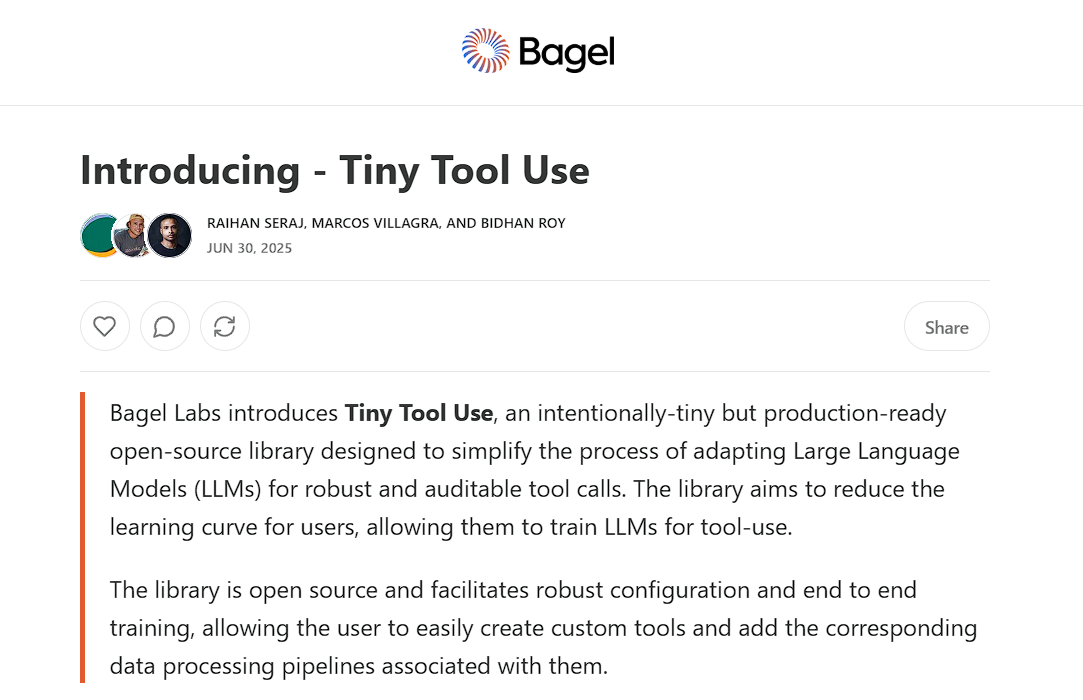 Uso di piccoli strumenti di Bagel Labs - Ottieni l'uso dello strumento con LLM open source, reso semplice media 3