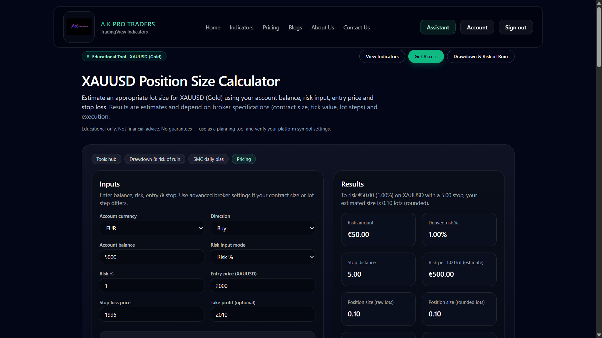 XAUUSD Position Size Calculator gallery image