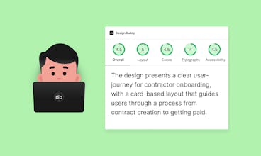 Screenshot dell&rsquo;interfaccia del plugin Design Buddy che fornisce critiche sul layout, colore e tipografia con un focus sull&rsquo;accessibilità.