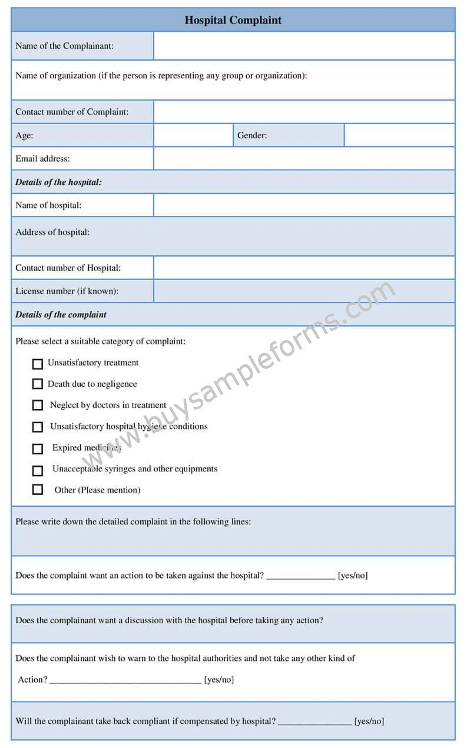 Hospital Complaint Form Template