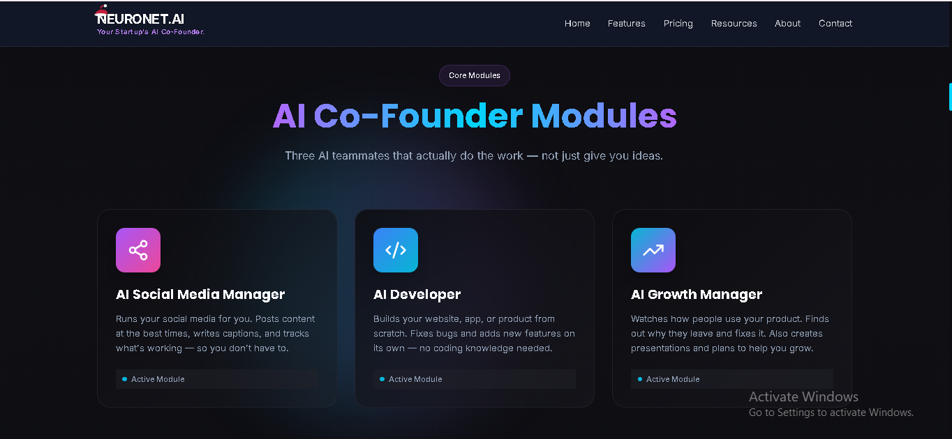 NeuroNet AI – An AI Co-Founder - Screenshot 3 showing product features and functionality