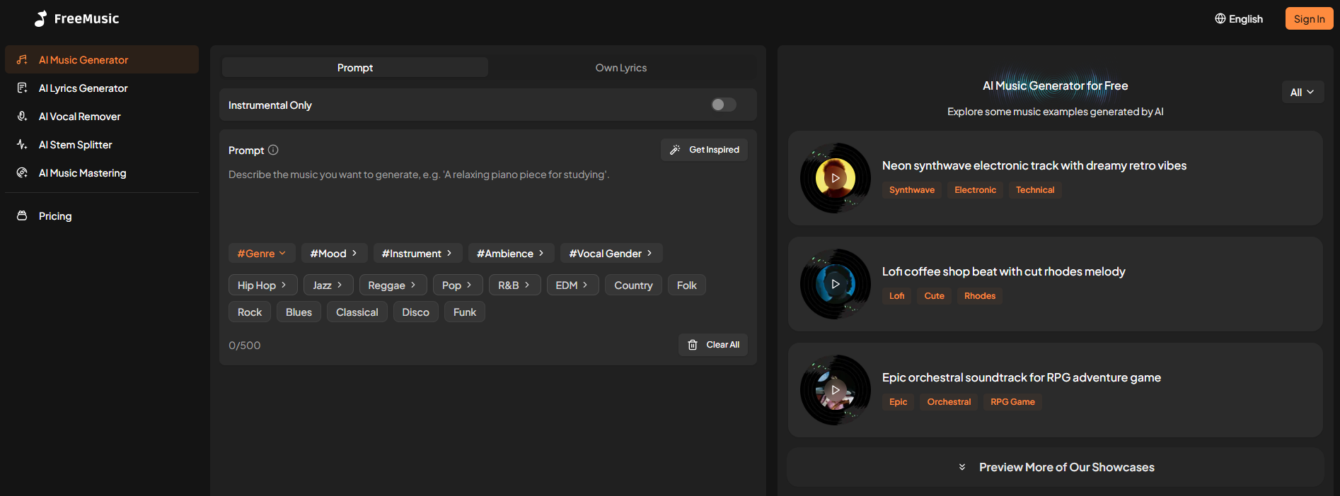 FreeMusic AI - Screenshot 2 showing product features and functionality