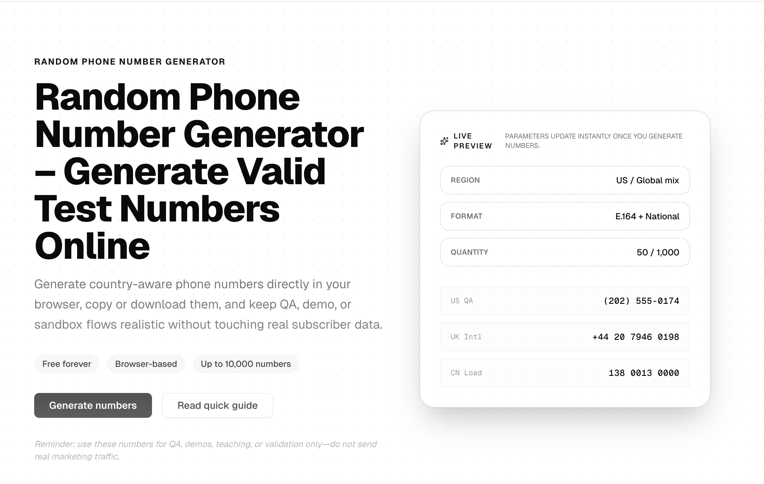 Random Phone Number Generator Online - Screenshot 2 showing product features and functionality