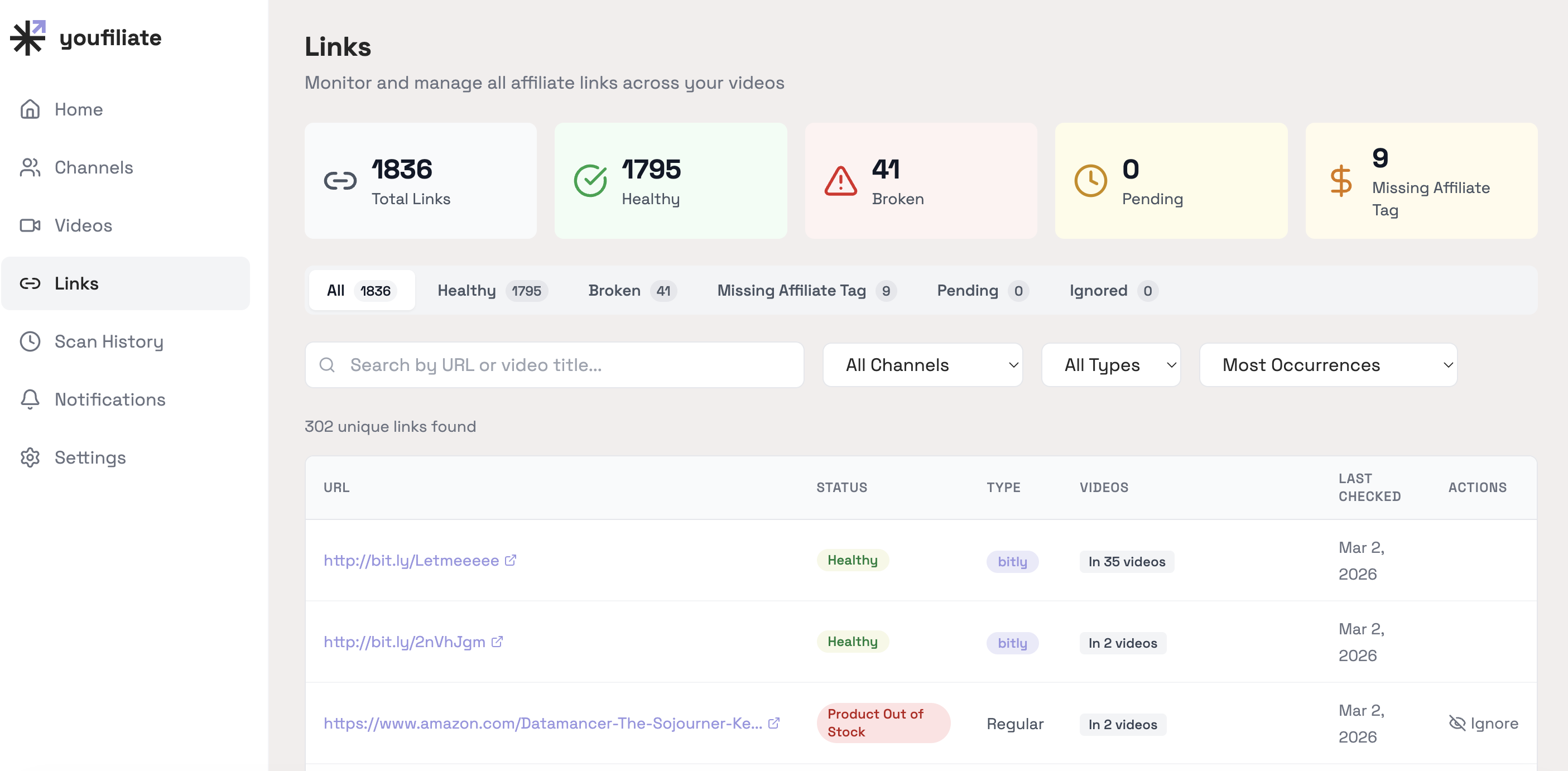 Youfiliate: Fix Dead YouTube Links - Screenshot 3 showing product features and functionality