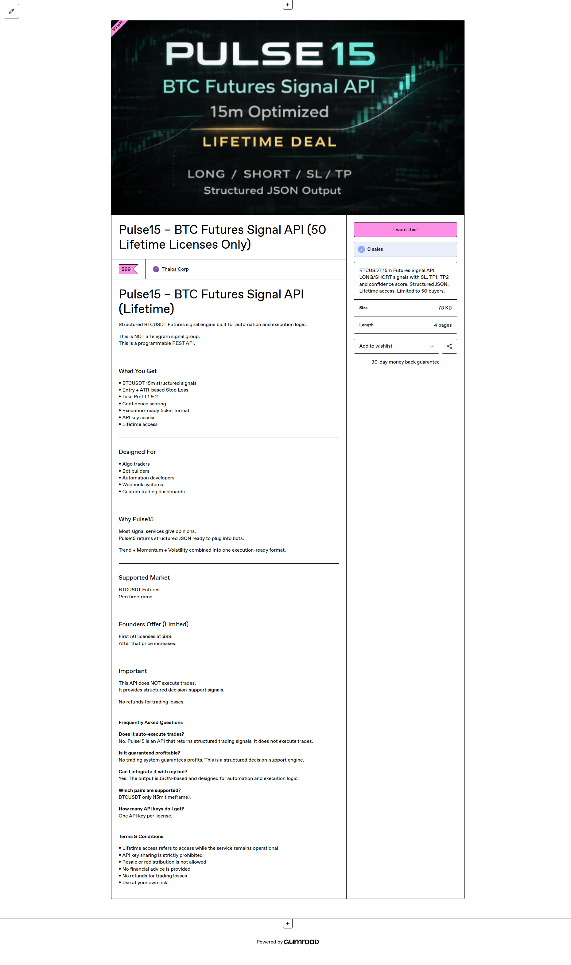 Pulse15 - BTC Futures 15 Signal API - Screenshot 2 showing product features and functionality