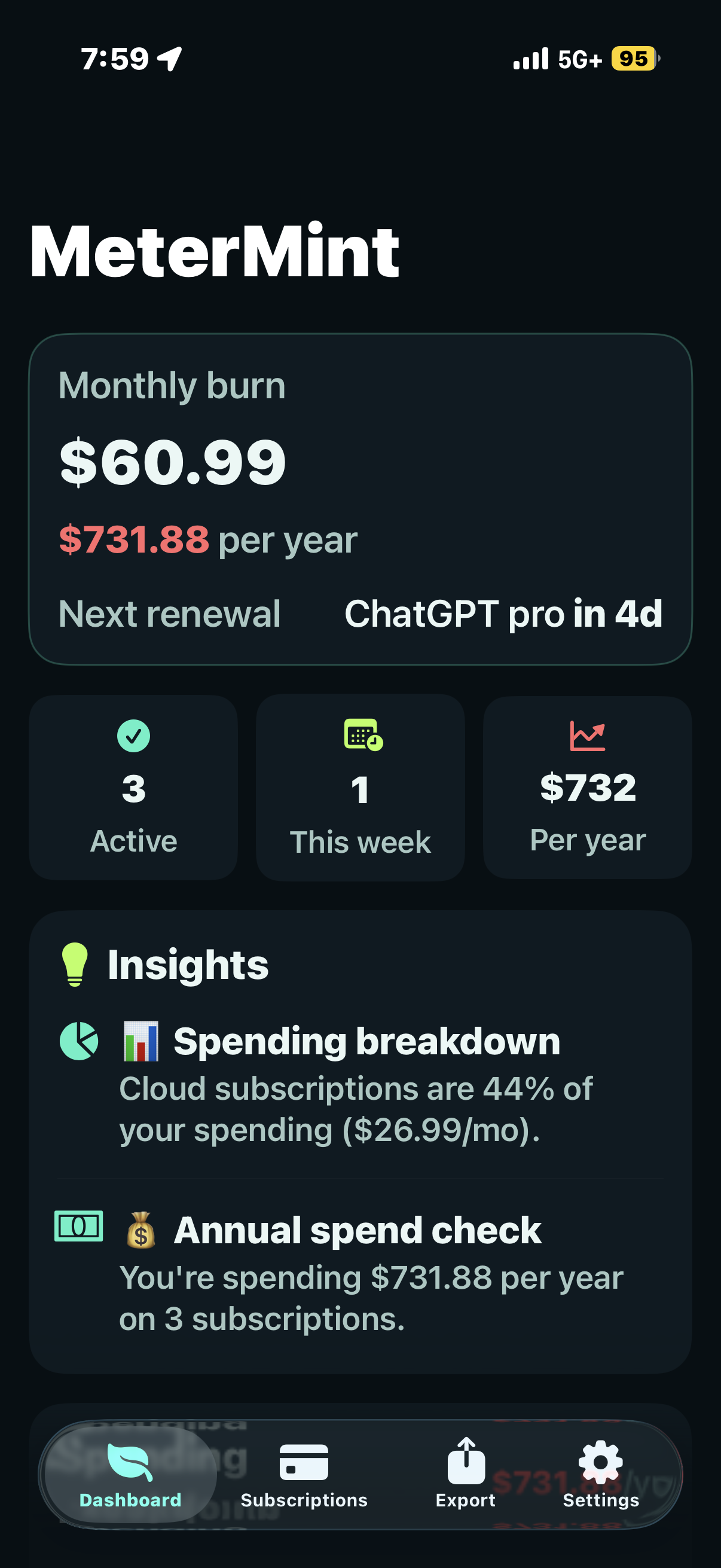 MeterMint Subscription Tracker - Main product screenshot demonstrating key features and user interface