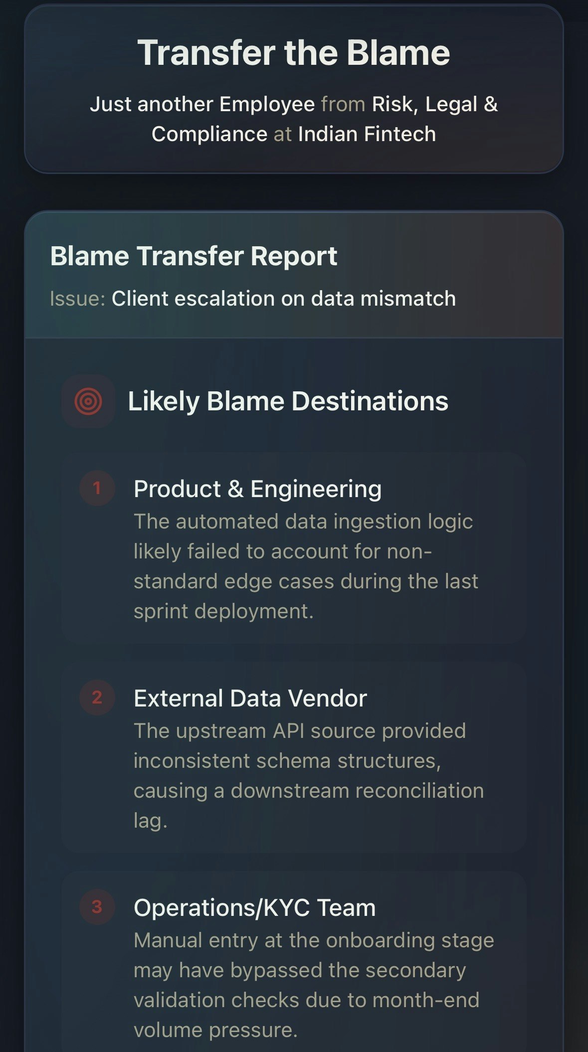 Transfer the Blame | Contextual Excuses - Screenshot 5 showing product features and functionality