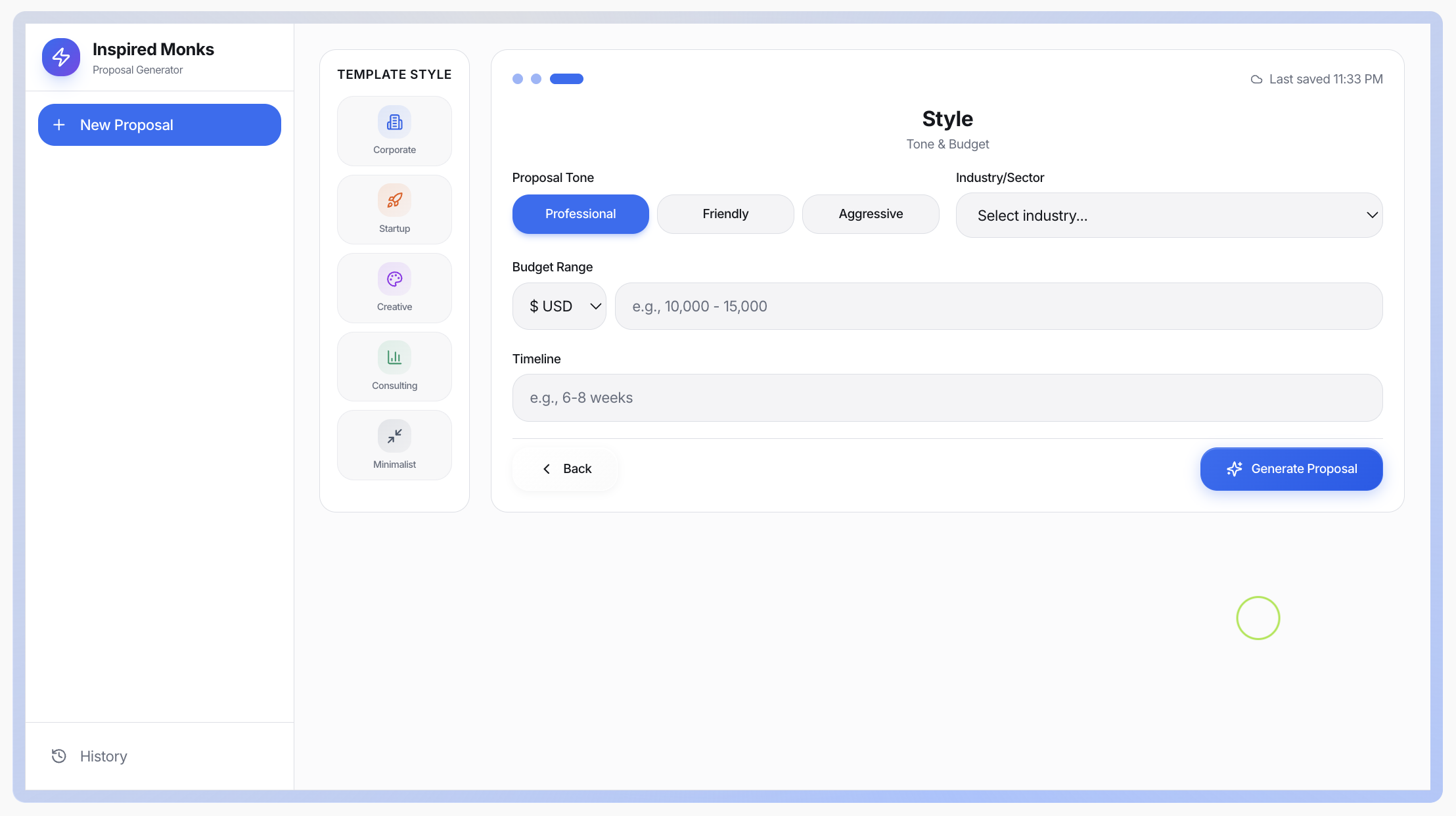 Free AI Proposal Generator - Screenshot 3 showing product features and functionality