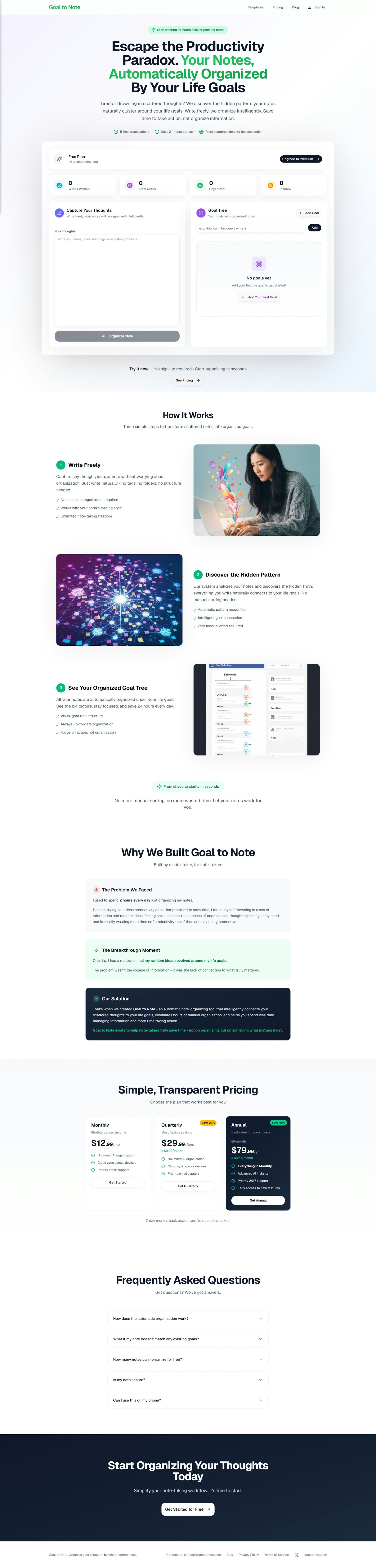 Goal To Note - Main product screenshot demonstrating key features and user interface