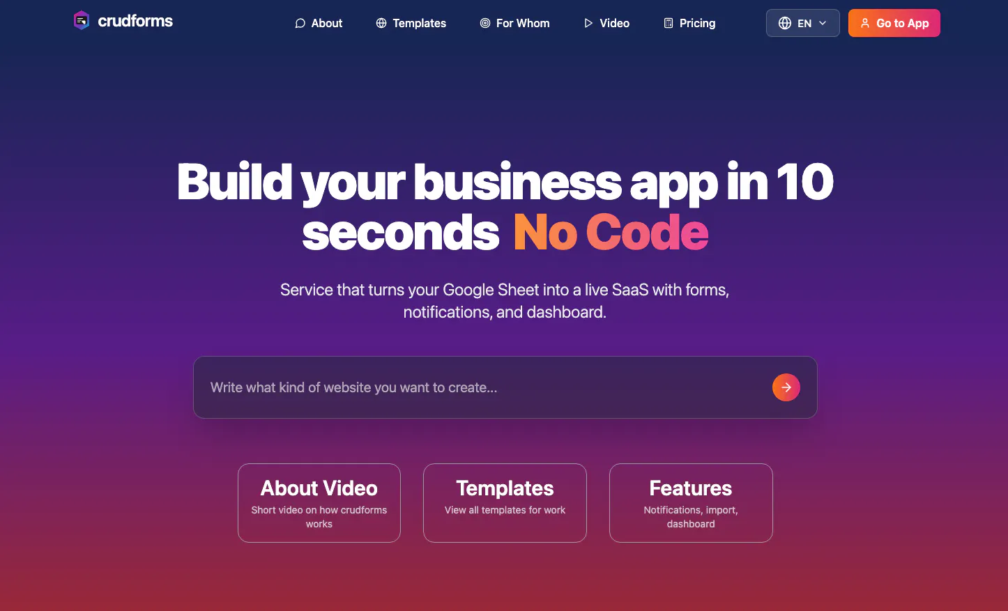 Crudforms.net - Create website in 10 sec product banner