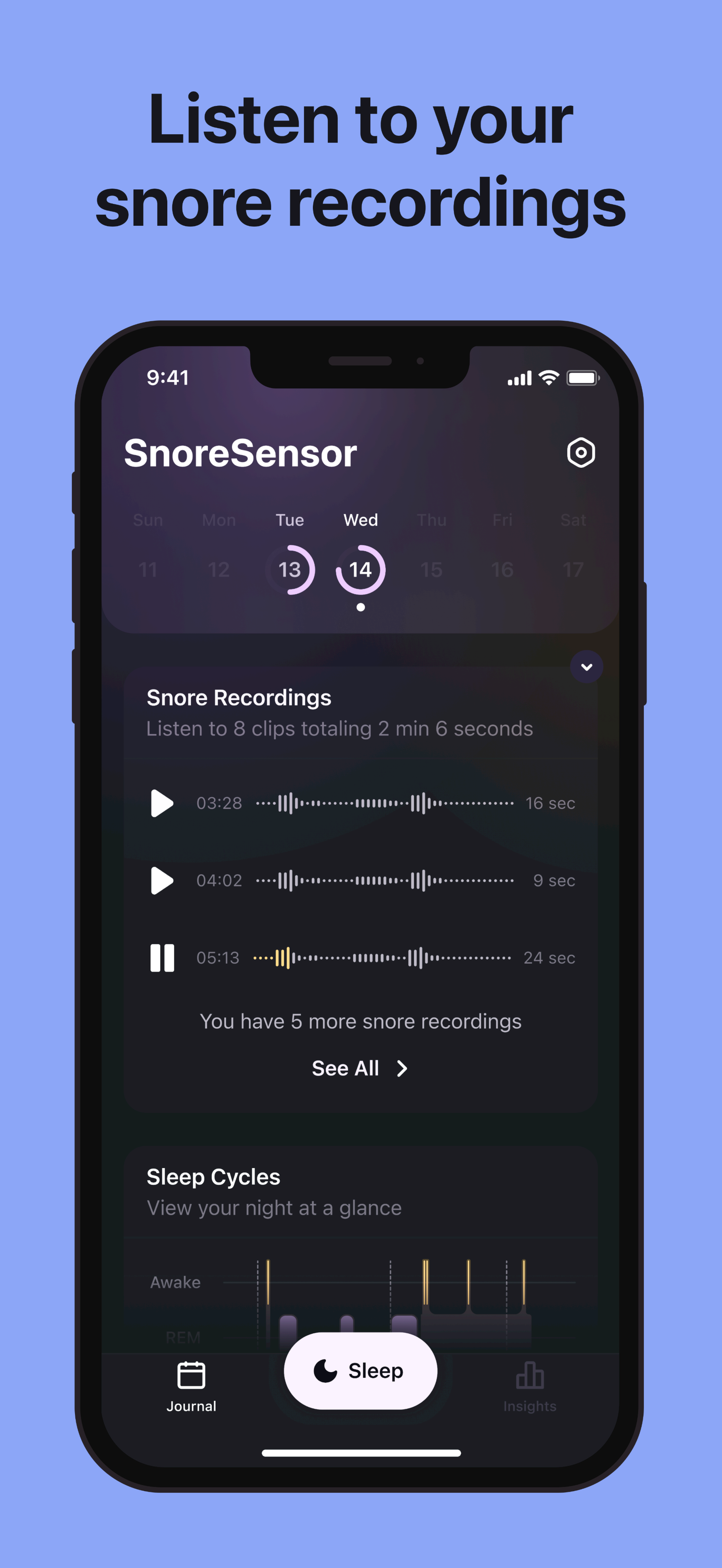 App Sensor Snore - Registra i tuoi tiri di russare, prova i trigger, riduci gradualmente media 4