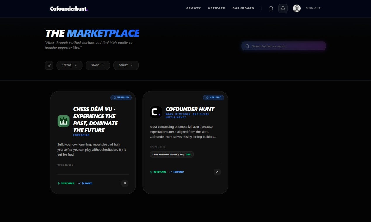 Cofounder Hunt - Main product screenshot demonstrating key features and user interface