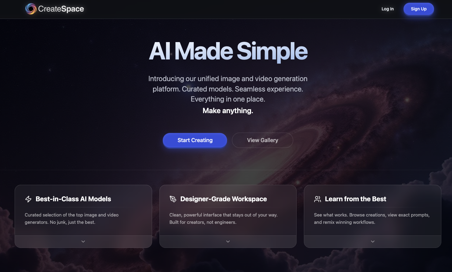 CreateSpace - Main screenshot showing features and interface