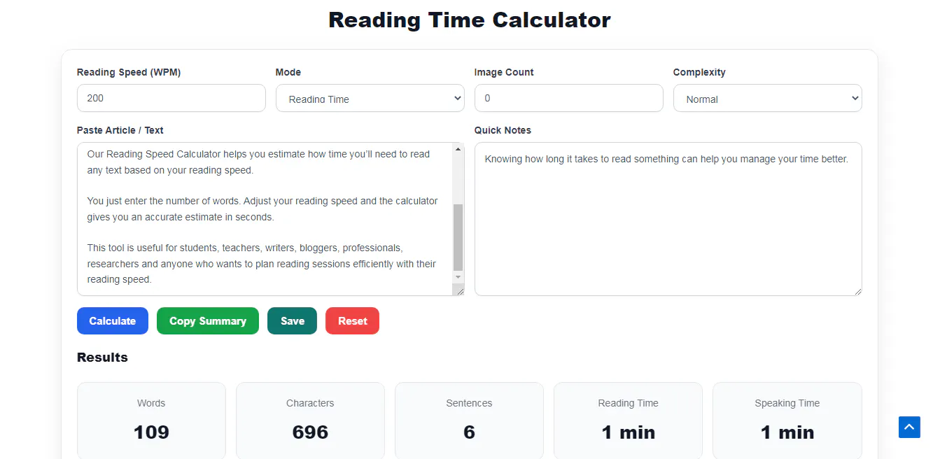 Reading Time Calculator screenshot