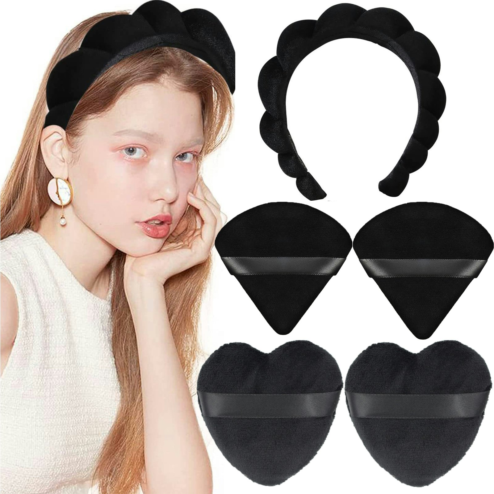 Spa -Stirnband mit 4PCS -Pulverpuffs - Tnzltdw schwarzes Spa -Stirnband mit 4 Tiefenpulver -Puffs Medien 3