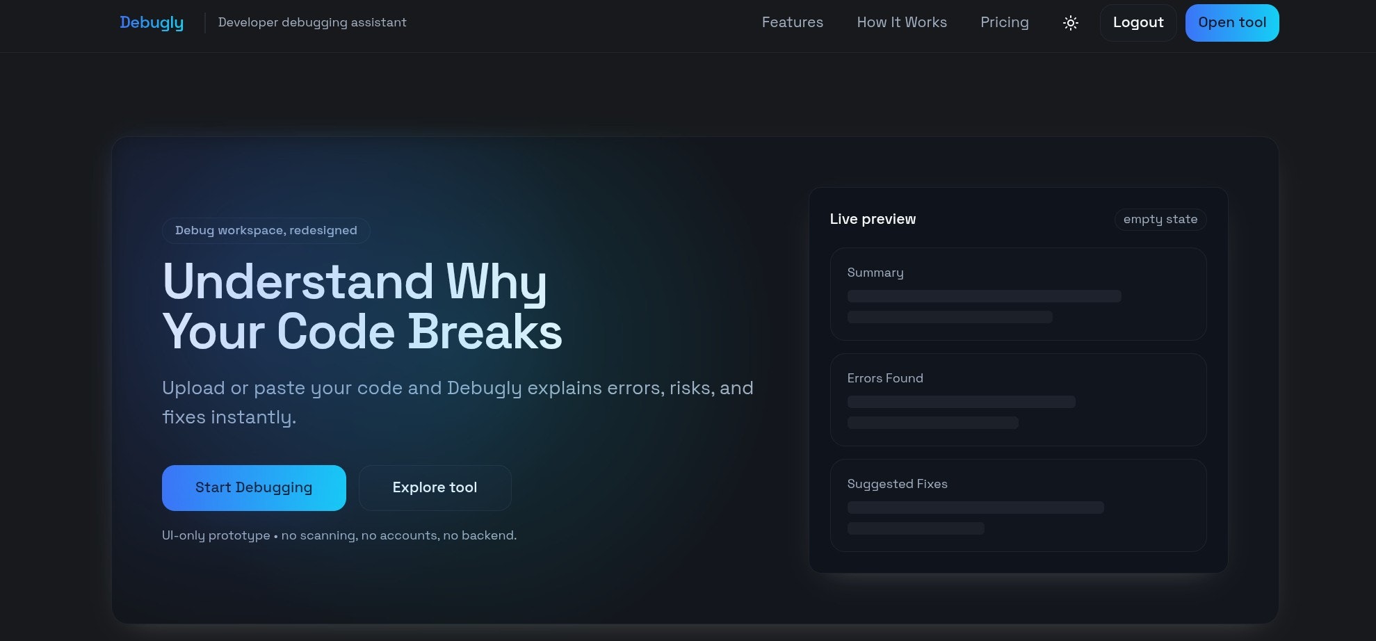 Debugly - Main product screenshot demonstrating key features and user interface