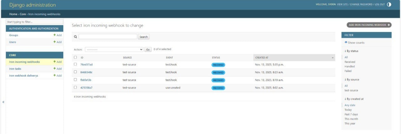 IronRelay — Django task & webhook engine - Main screenshot showing features and interface