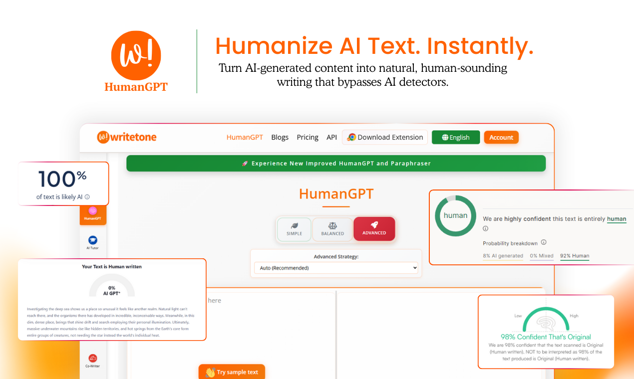Writetone HumanGPT - Main product screenshot demonstrating key features and user interface