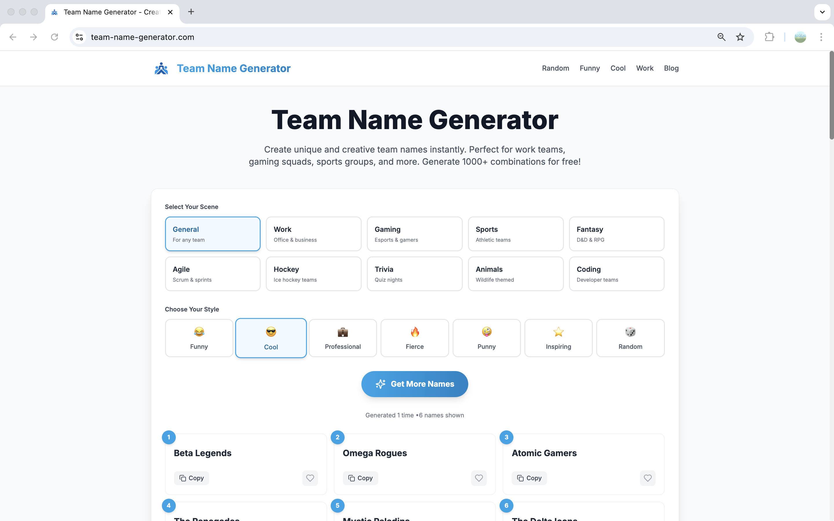 Team Name Generator - Main product screenshot demonstrating key features and user interface