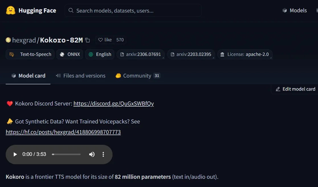 Kokoro TTS: An 82M lightweight TTS model