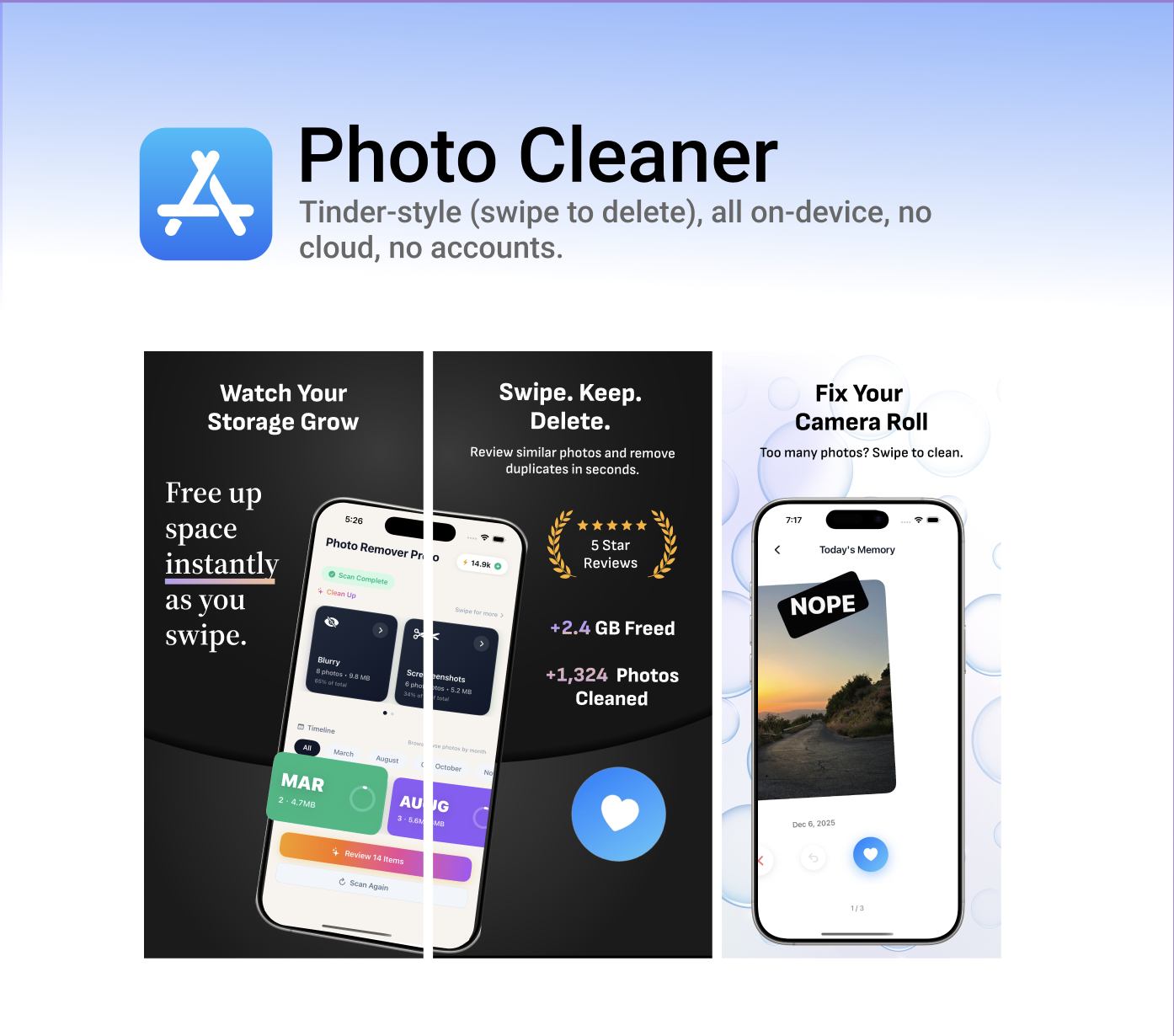 Photo Cleaner – Swipe to Clean Photos - Main product screenshot demonstrating key features and user interface