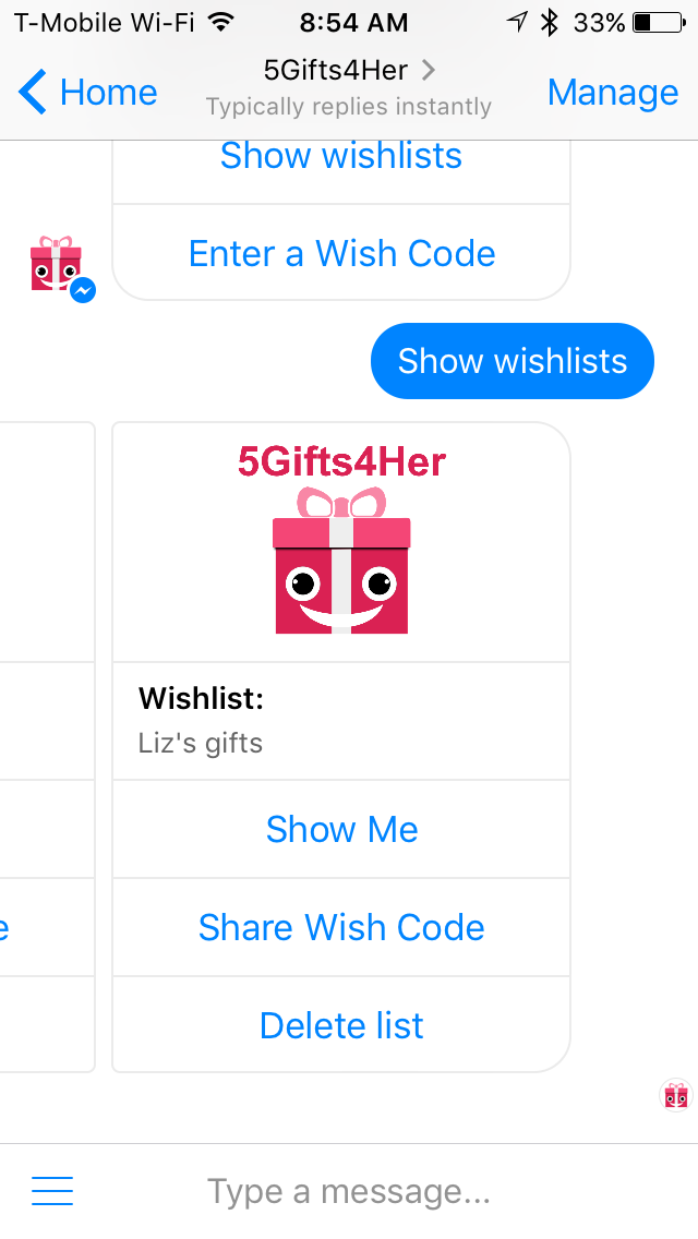 5Gifts4Her Messenger chatbot gallery image