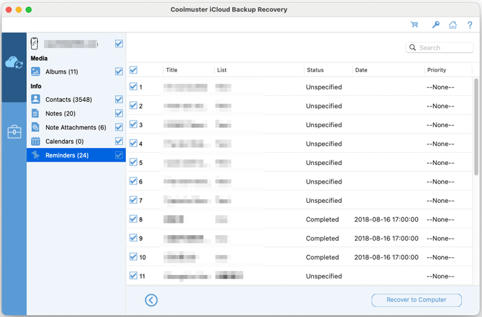 Coolmuster iCloud Backup Recovery (Mac) - Main product screenshot demonstrating key features and user interface