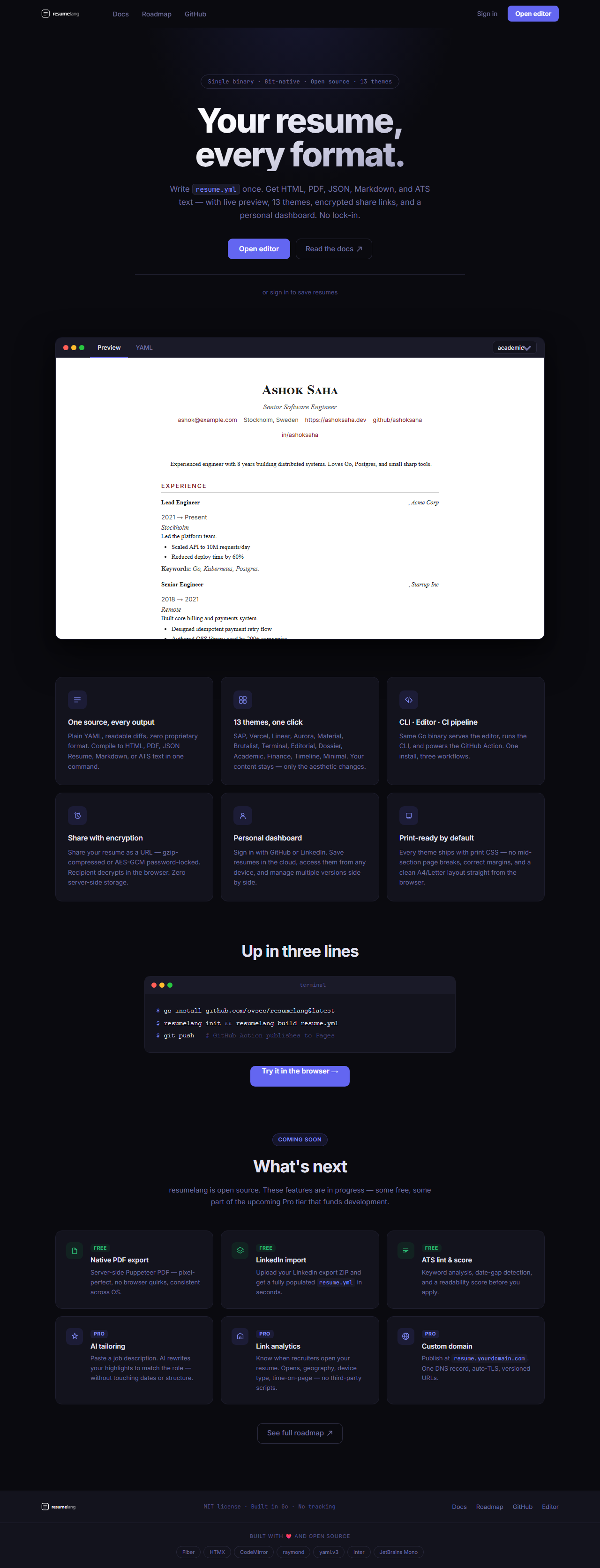 resumelang, one resume.yml, every output gallery image