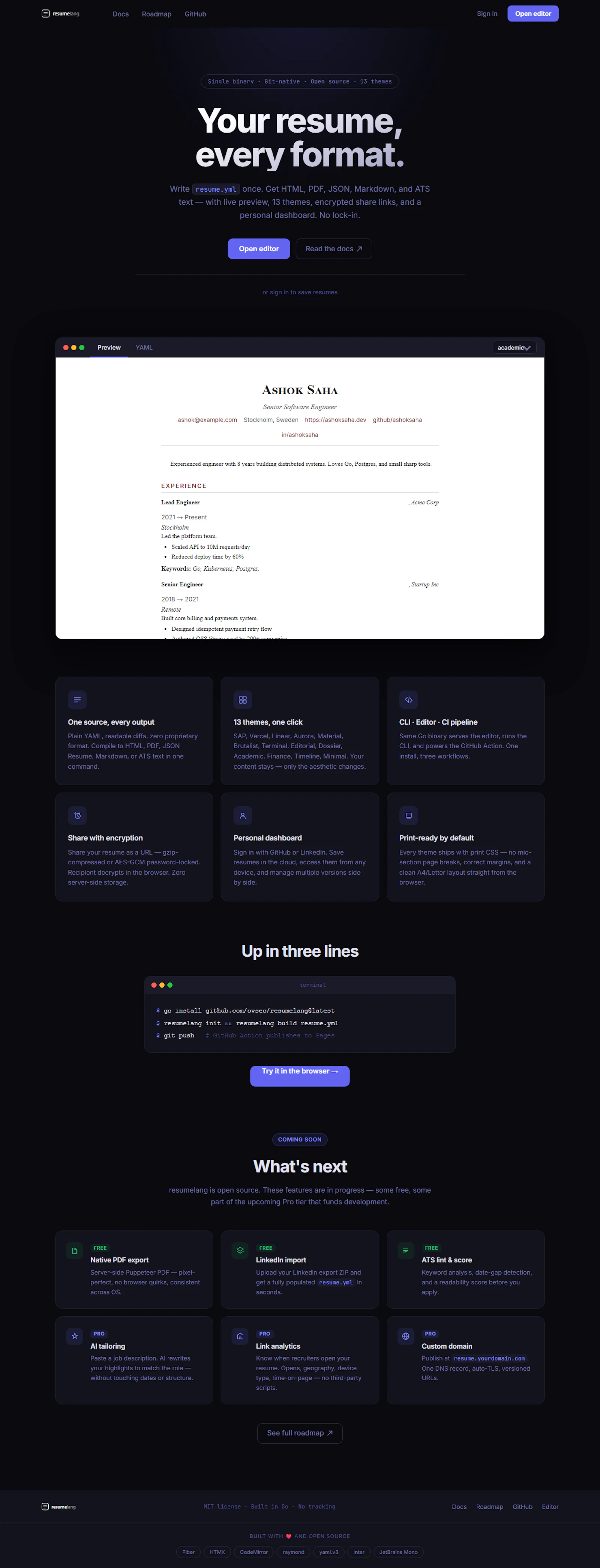 resumelang, one resume.yml, every output screenshot 1