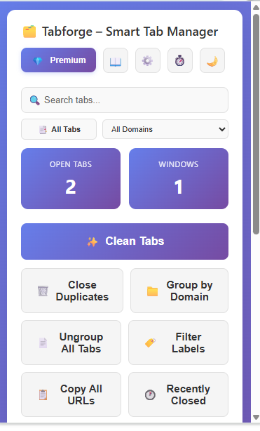 TabForge – Smart Tab Manager for Chrome - Main product screenshot demonstrating key features and user interface