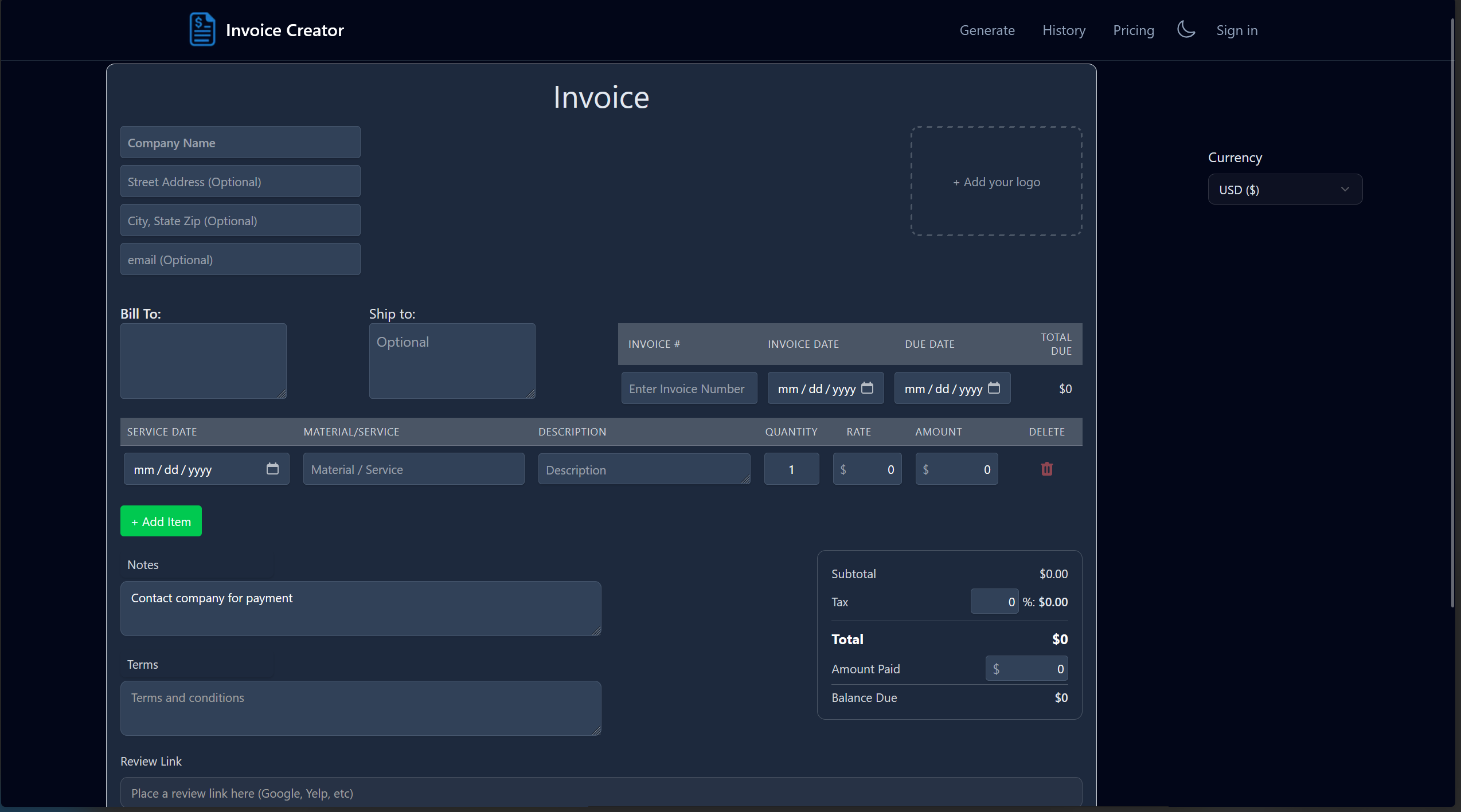 Invoice Creator - Main screenshot showing features and interface