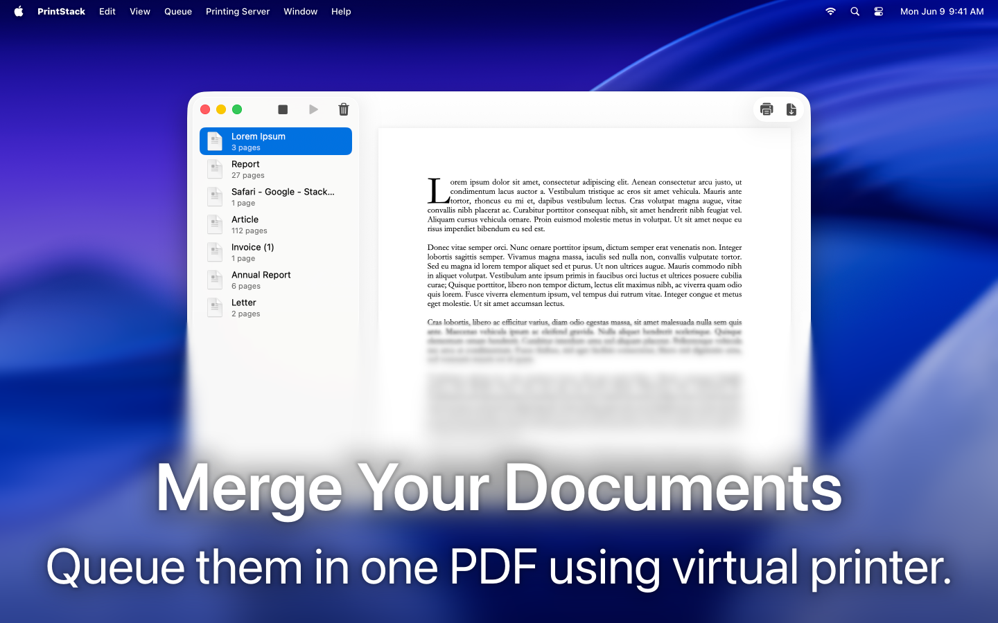 PrintStack — Virtual Printer - Main product screenshot demonstrating key features and user interface