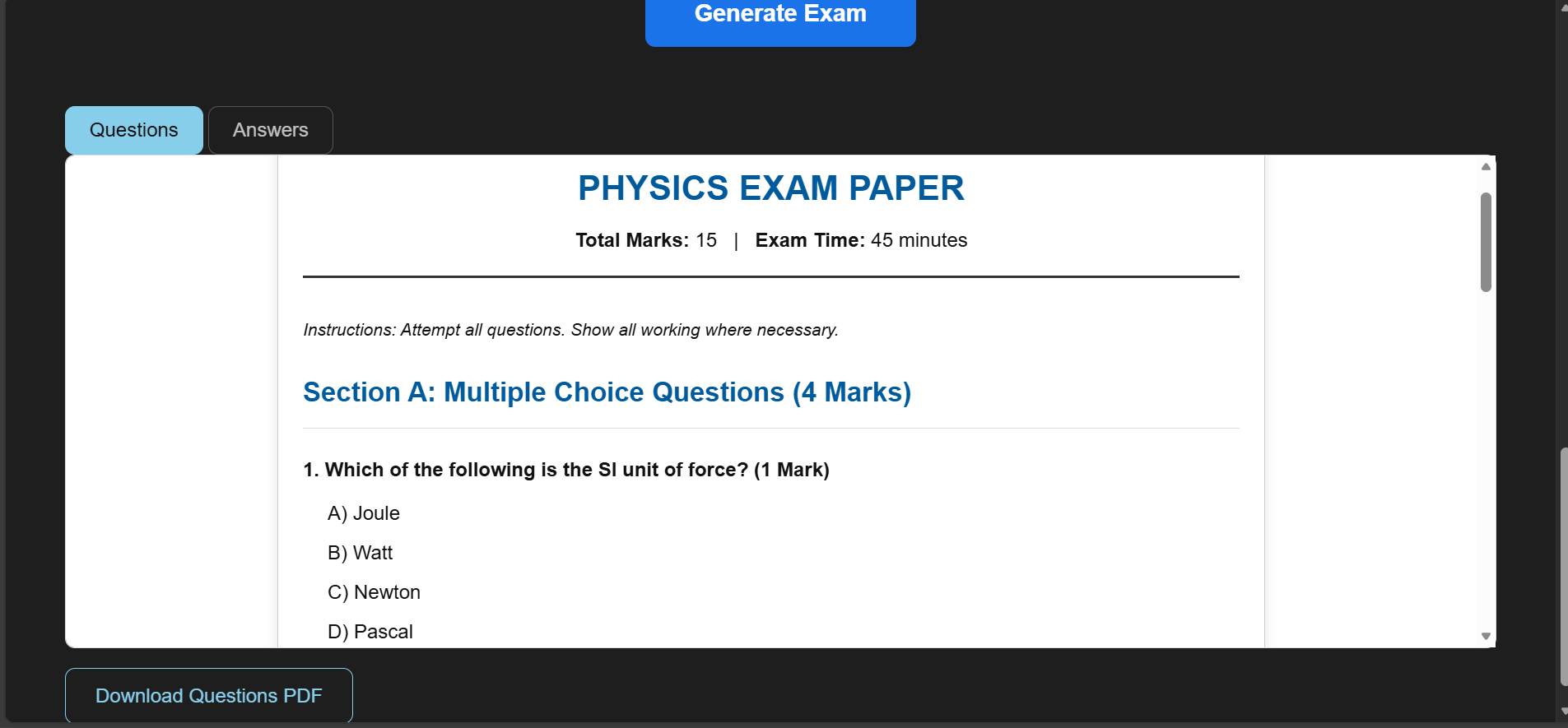 AI Exam Generator –Create Questions Fast - Screenshot 2 showing product features and functionality