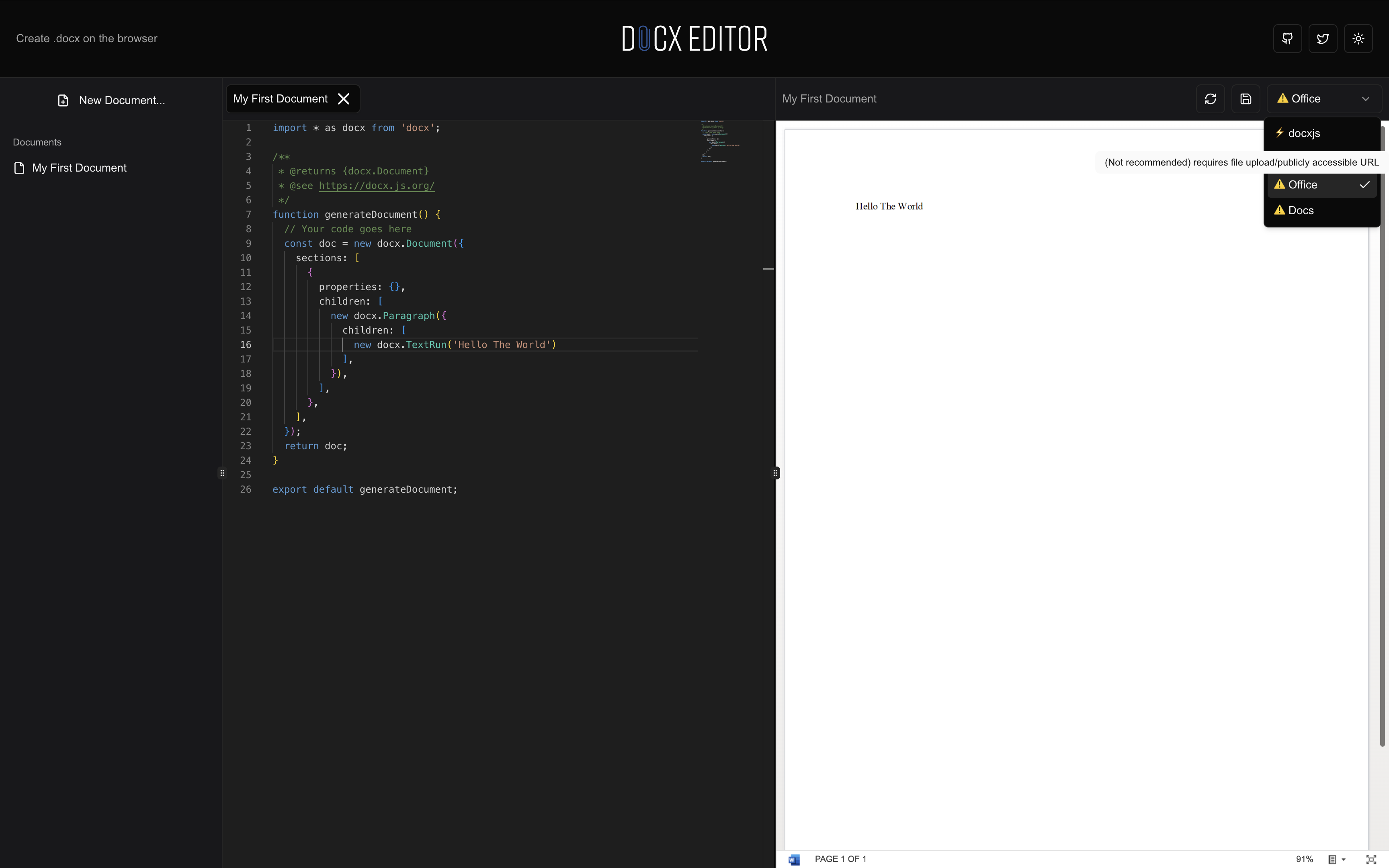 وسائط محرر DOCX.JS - محرر الكود المستند إلى المتصفح لـ DOCX.JS مع معاينة مباشرة 7