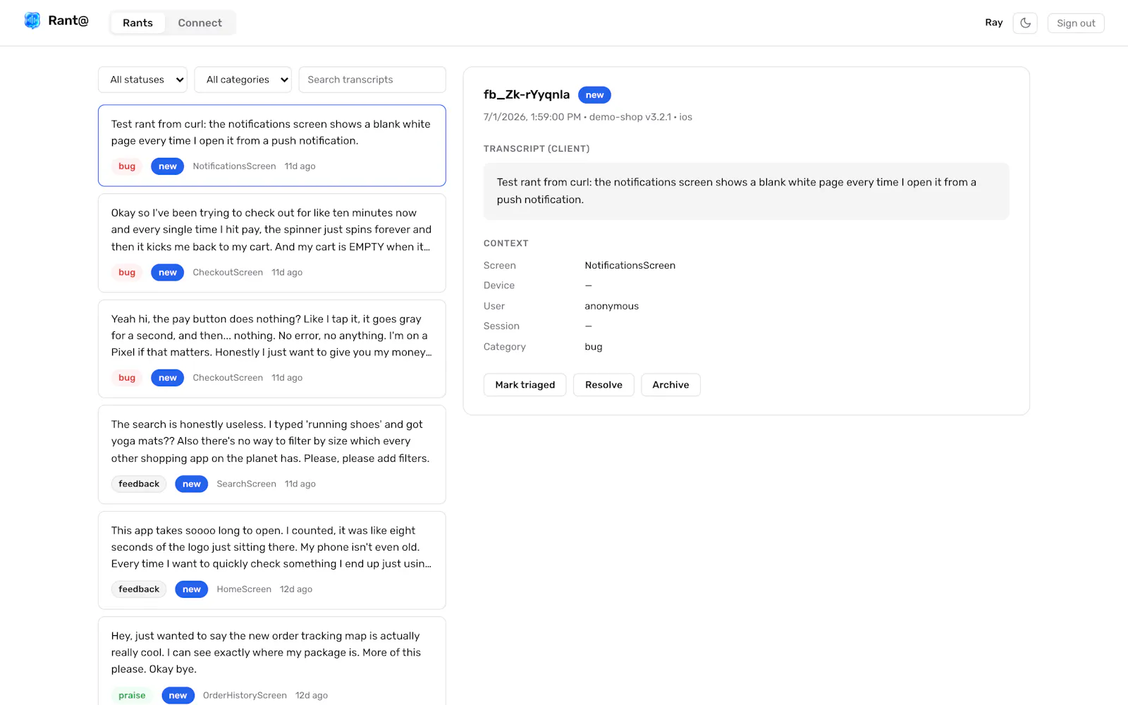 Rant@ — Tighten the user feedback loop screenshot 1