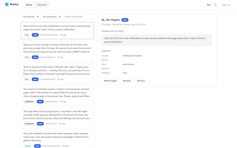 Rant@ — Tighten the user feedback loop screenshot 1