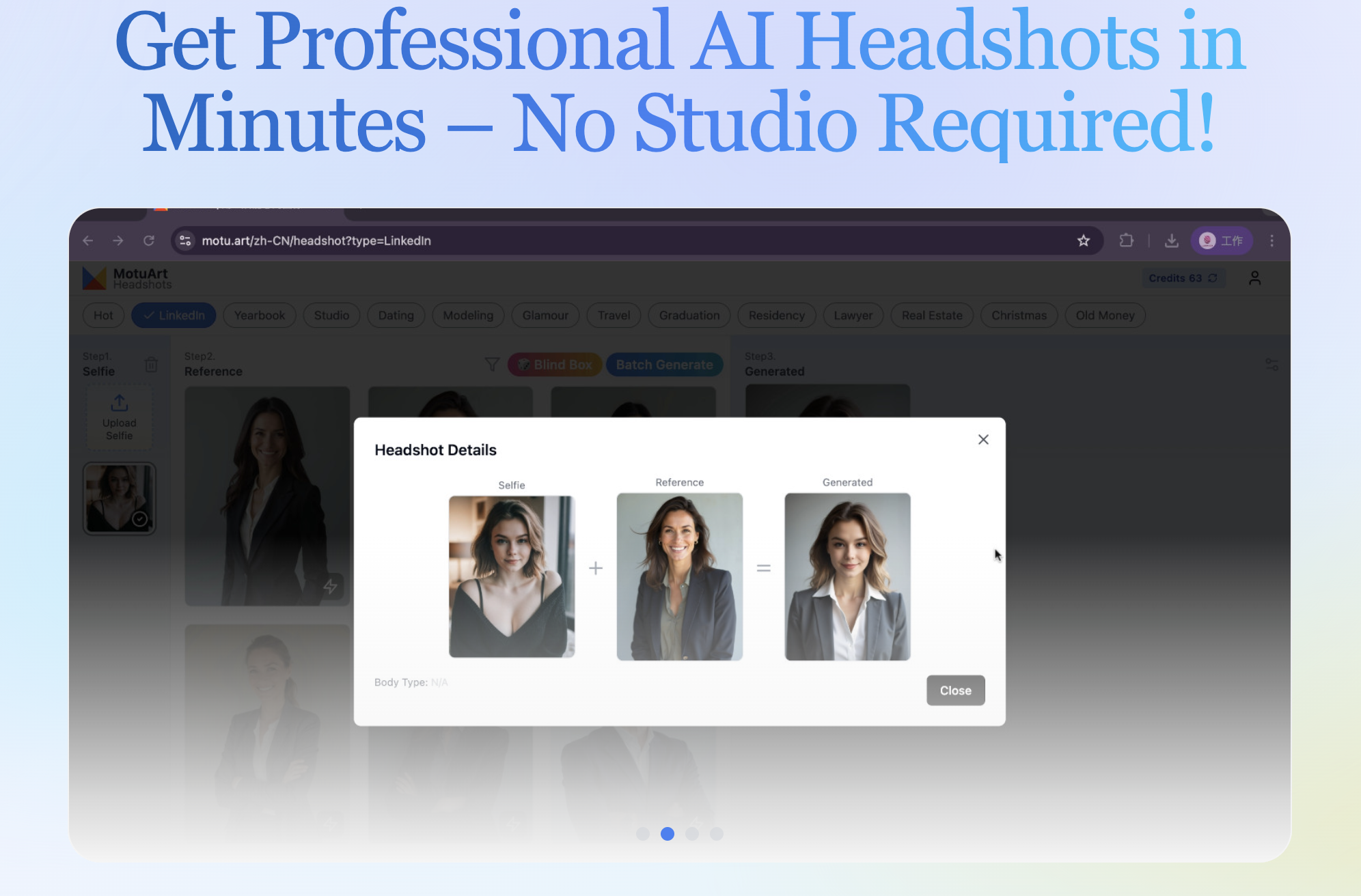 Motuart - LinkedIn의 전문적이고 재미 있고 일관된 AI 헤드 샷 미디어 3