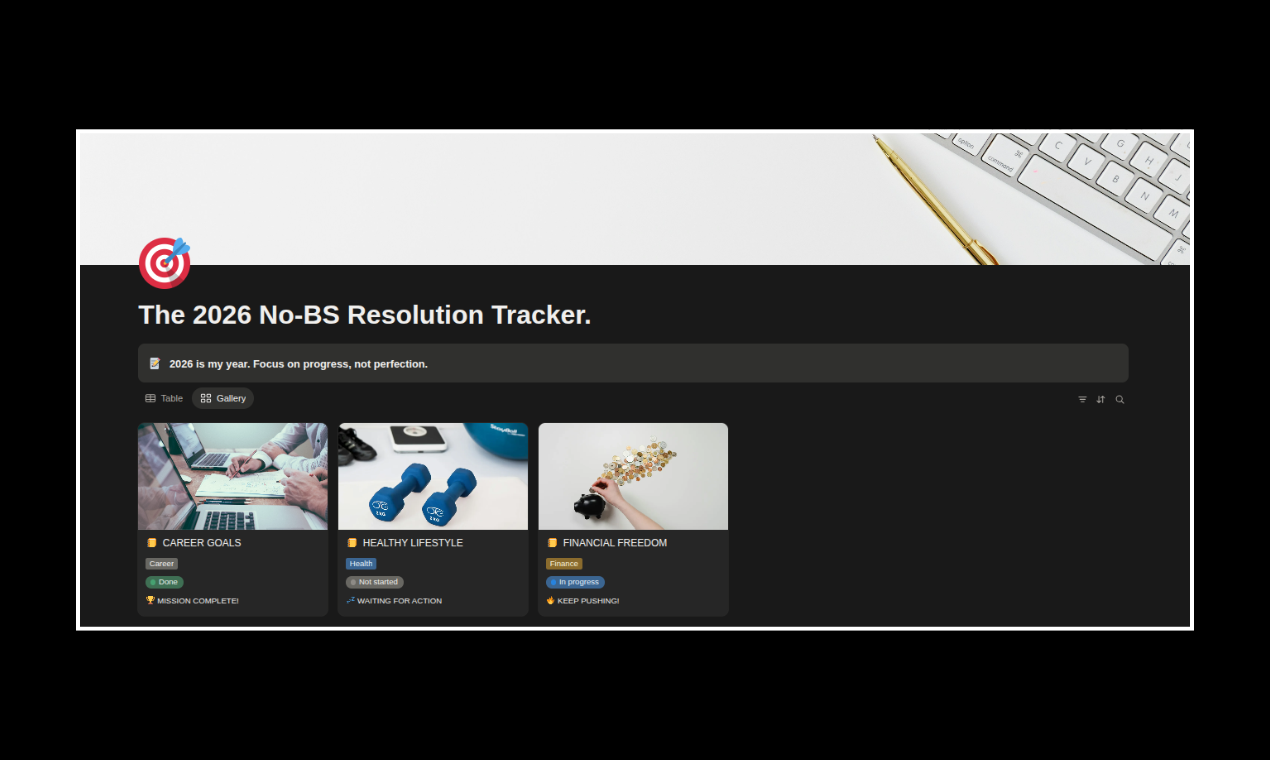 2026 No-BS Resolution Tracker - Main product screenshot demonstrating key features and user interface