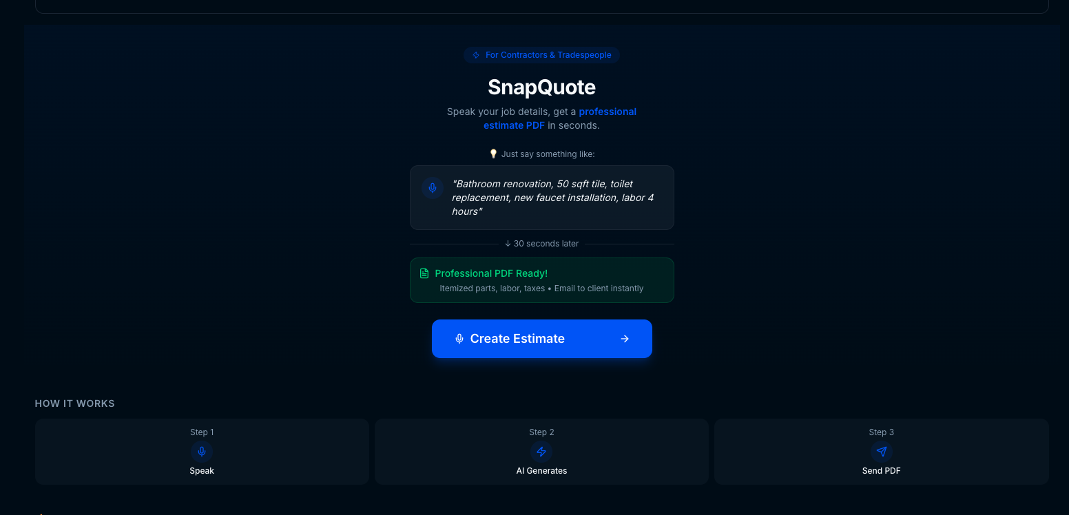 SnapQuote - Main product screenshot demonstrating key features and user interface